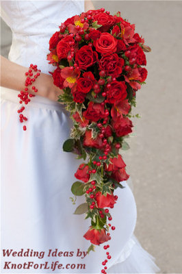 Red Roses and Berries Cascading Bridal Bouquet