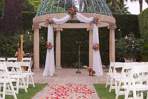 Chapel decorated for wedding with flowers